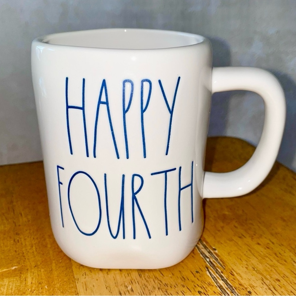 Rae Dunn HAPPY FOURTH 4th of July Ceramic Mug w/Blue Lettering BRAND NEW!